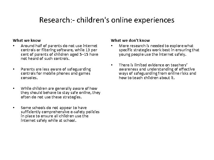 Research: - children's online experiences What we know • Around half of parents do