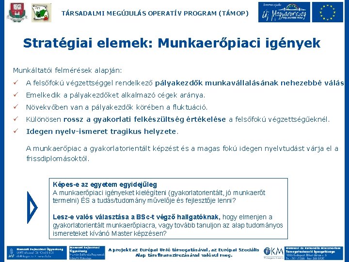 TÁRSADALMI MEGÚJULÁS OPERATÍV PROGRAM (TÁMOP) Stratégiai elemek: Munkaerőpiaci igények Munkáltatói felmérések alapján: ü A