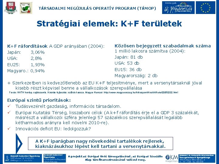 TÁRSADALMI MEGÚJULÁS OPERATÍV PROGRAM (TÁMOP) Stratégiai elemek: K+F területek K+F ráfordítások A GDP arányában