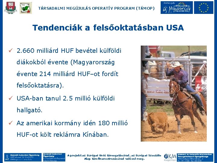 TÁRSADALMI MEGÚJULÁS OPERATÍV PROGRAM (TÁMOP) Tendenciák a felsőoktatásban USA ü 2. 660 milliárd HUF