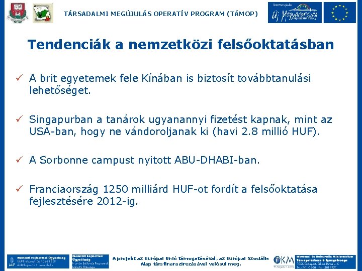 TÁRSADALMI MEGÚJULÁS OPERATÍV PROGRAM (TÁMOP) Tendenciák a nemzetközi felsőoktatásban ü A brit egyetemek fele