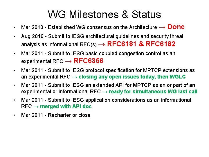 WG Milestones & Status • Mar 2010 - Established WG consensus on the Architecture