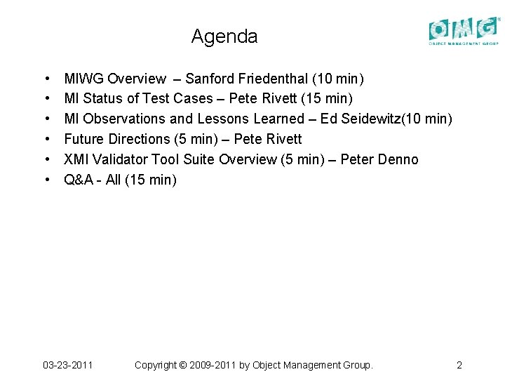 Agenda • • • MIWG Overview – Sanford Friedenthal (10 min) MI Status of