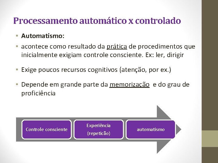 Processamento automático x controlado • Automatismo: • acontece como resultado da prática de procedimentos Processamento automático x controlado • Automatismo: • acontece como resultado da prática de procedimentos