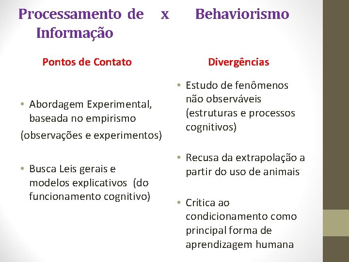 Processamento de Informação x Pontos de Contato • Abordagem Experimental, baseada no empirismo (observações Processamento de Informação x Pontos de Contato • Abordagem Experimental, baseada no empirismo (observações