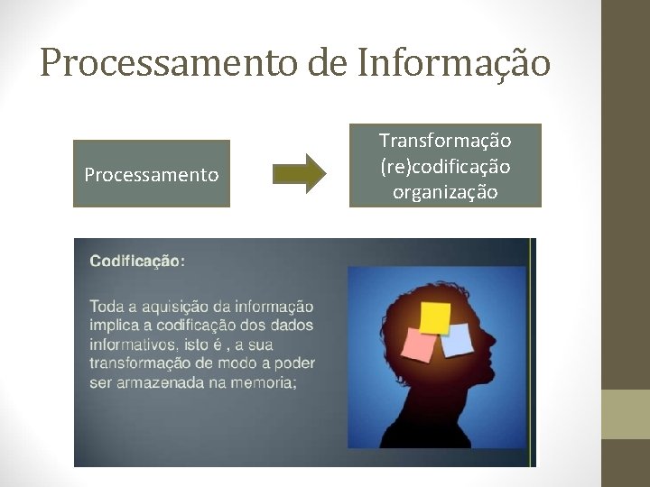 Processamento de Informação Processamento Transformação (re)codificação organização Processamento de Informação Processamento Transformação (re)codificação organização
