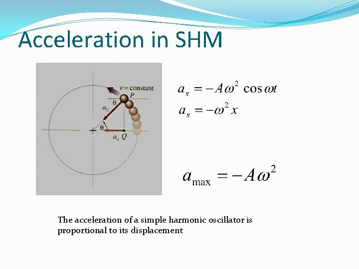 Acceleration in SHM The acceleration of a simple harmonic oscillator is proportional to its
