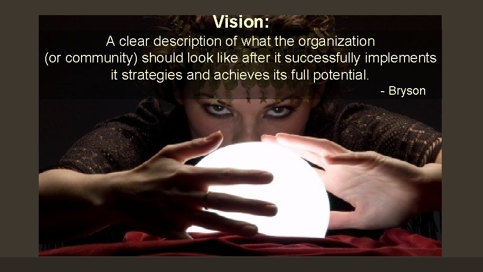 Vision: A clear description of what the organization (or community) should look like after