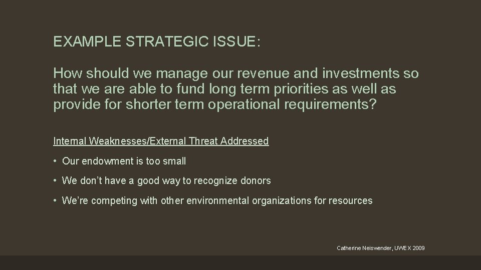 EXAMPLE STRATEGIC ISSUE: How should we manage our revenue and investments so that we