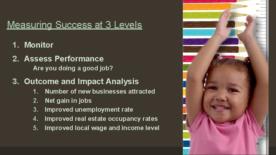 Measuring Success at 3 Levels 1. Monitor 2. Assess Performance Are you doing a