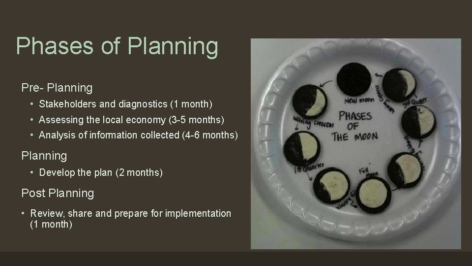 Phases of Planning Pre- Planning • Stakeholders and diagnostics (1 month) • Assessing the