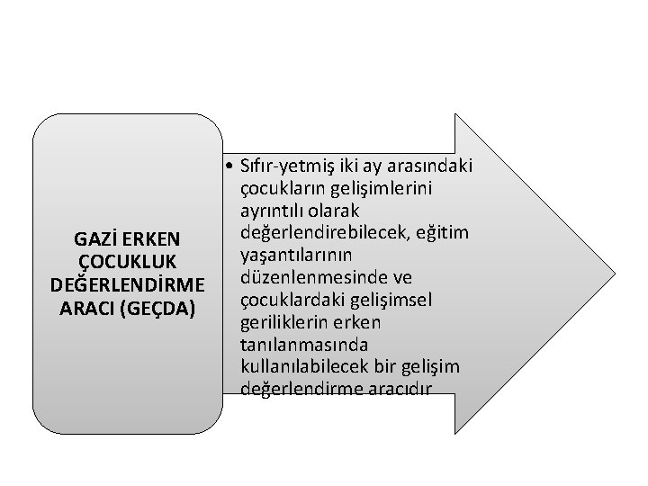  • Sıfır-yetmiş iki ay arasındaki çocukların gelişimlerini ayrıntılı olarak değerlendirebilecek, eğitim GAZİ ERKEN