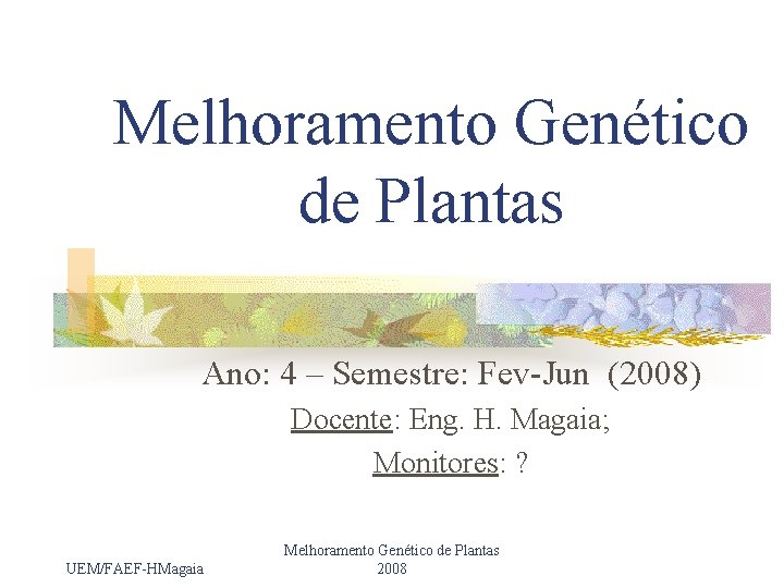 Melhoramento Genético de Plantas Ano: 4 – Semestre: Fev-Jun (2008) Docente: Eng. H. Magaia;