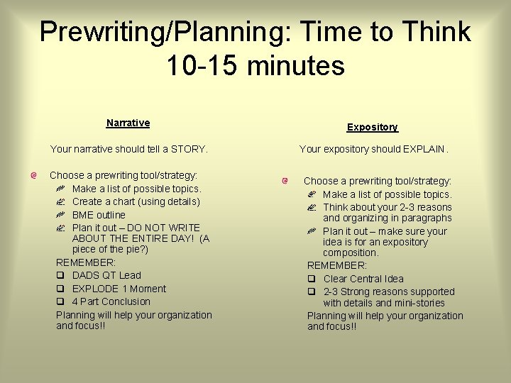 Prewriting/Planning: Time to Think 10 -15 minutes Narrative Expository Your narrative should tell a