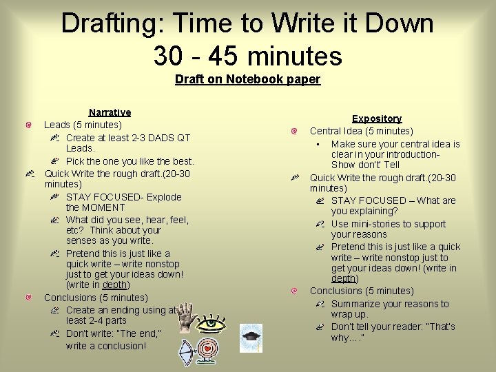 Drafting: Time to Write it Down 30 - 45 minutes Draft on Notebook paper