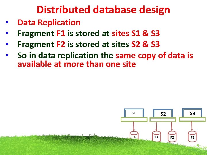 Distributed database design • • Data Replication Fragment F 1 is stored at sites