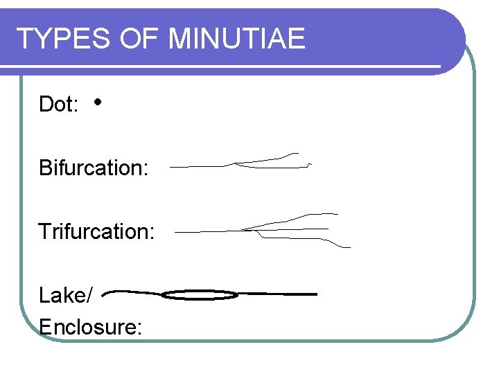 TYPES OF MINUTIAE Dot: Bifurcation: Trifurcation: Lake/ Enclosure: 