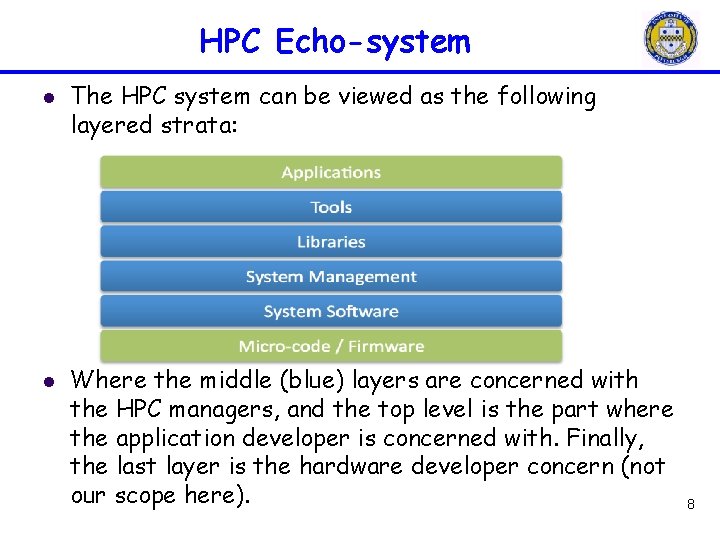HPC Echo-system l l The HPC system can be viewed as the following layered HPC Echo-system l l The HPC system can be viewed as the following layered