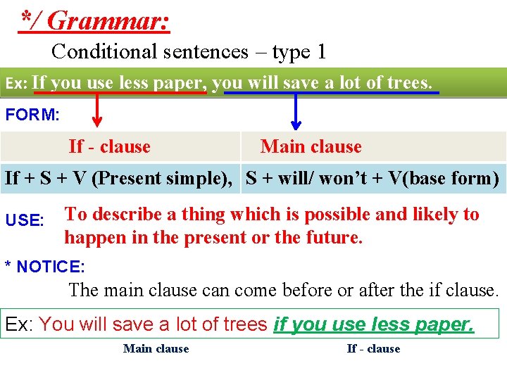 */ Grammar: Conditional sentences – type 1 Ex: If you use less paper, you