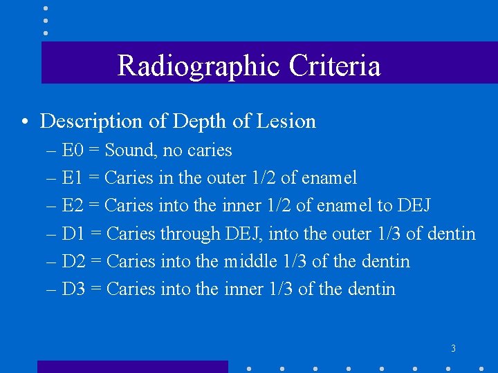 Radiographic Criteria • Description of Depth of Lesion – E 0 = Sound, no