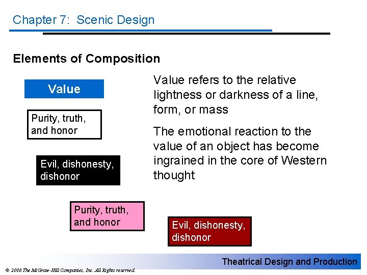 Chapter 7: Scenic Design Elements of Composition Value Purity, truth, and honor Evil, dishonesty,