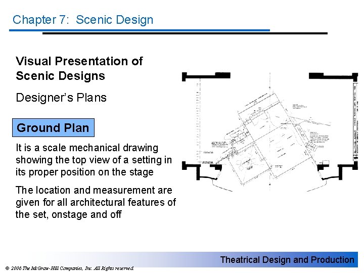 Chapter 7: Scenic Design Visual Presentation of Scenic Designs Designer’s Plans Ground Plan It