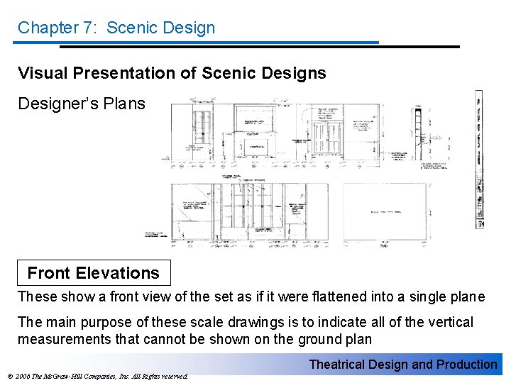 Chapter 7: Scenic Design Visual Presentation of Scenic Designs Designer’s Plans Front Elevations These