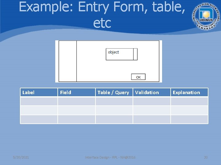 Example: Entry Form, table, etc Label 5/20/2021 Field Table / Query Validation Interface Design Example: Entry Form, table, etc Label 5/20/2021 Field Table / Query Validation Interface Design