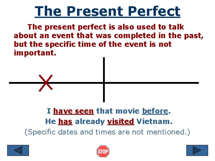 The Present Perfect The present perfect is also used to talk about an event