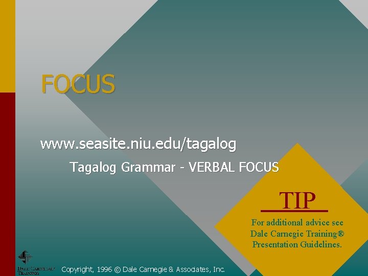 FOCUS www. seasite. niu. edu/tagalog Tagalog Grammar - VERBAL FOCUS TIP For additional advice