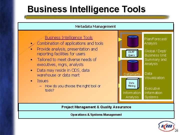 Business Intelligence Tools Metadata Management Business Intelligence Tools • Combination of applications and tools
