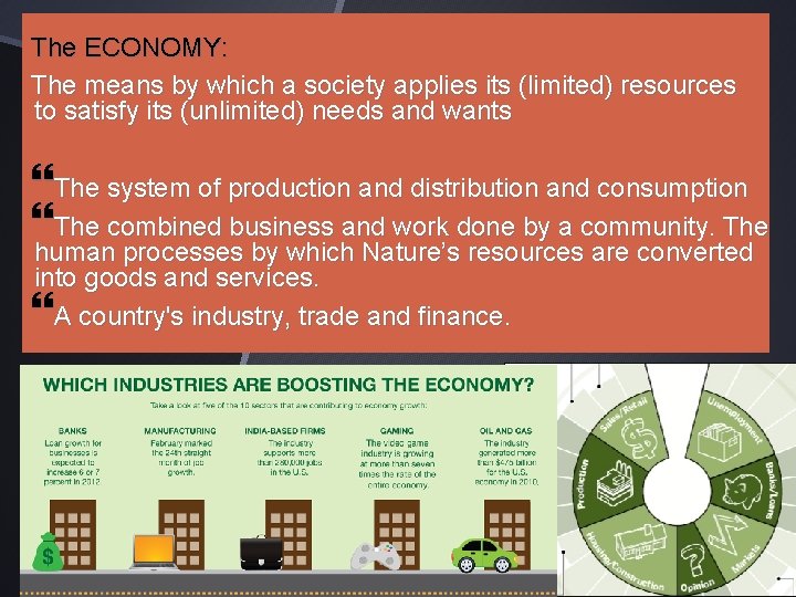 The ECONOMY: The means by which a society applies its (limited) resources to satisfy