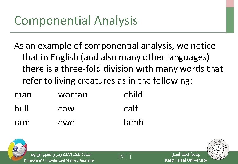 Componential Analysis As an example of componential analysis, we notice that in English (and