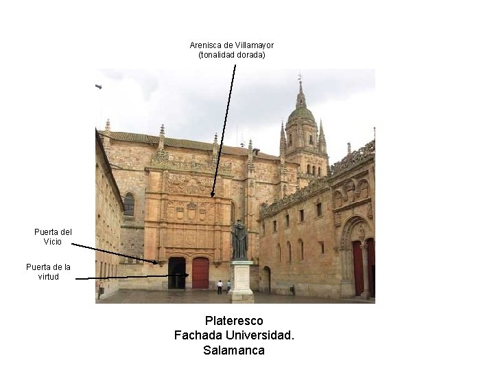 Arenisca de Villamayor (tonalidad dorada) Puerta del Vicio Puerta de la virtud Plateresco Fachada