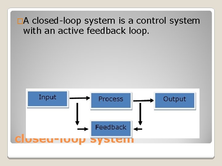 �A closed-loop system is a control system with an active feedback loop. closed-loop system