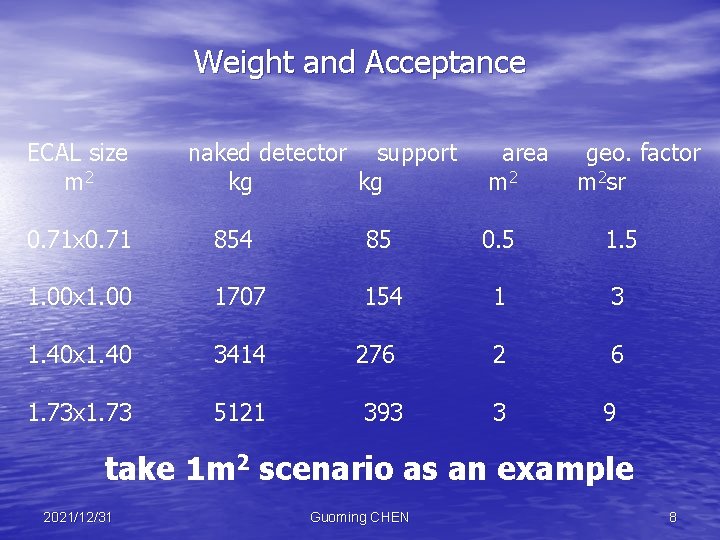 Weight and Acceptance ECAL size m 2 naked detector support kg kg area m