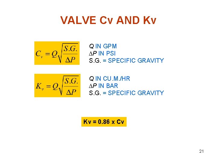 VALVE Cv AND Kv Q IN GPM DP IN PSI S. G. = SPECIFIC