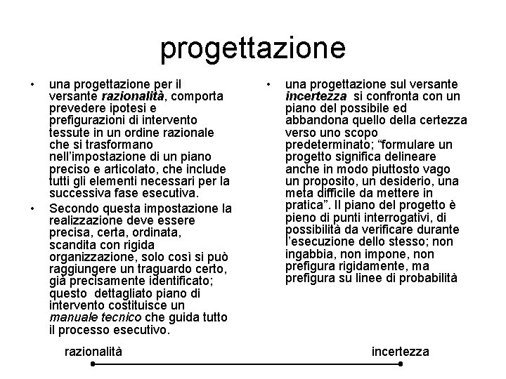 progettazione • • una progettazione per il versante razionalità, comporta prevedere ipotesi e prefigurazioni