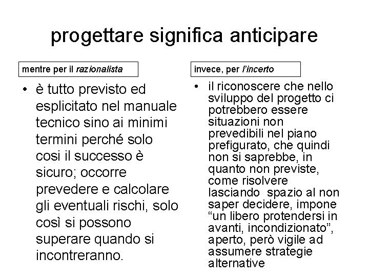 progettare significa anticipare mentre per il razionalista invece, per l’incerto • è tutto previsto