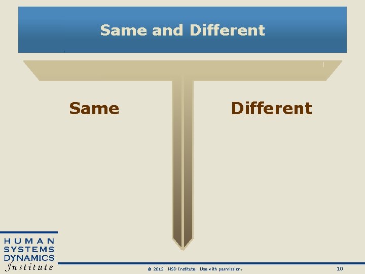 Same and Different Same Different © 2013. HSD Institute. Use with permission. 10 Same and Different Same Different © 2013. HSD Institute. Use with permission. 10