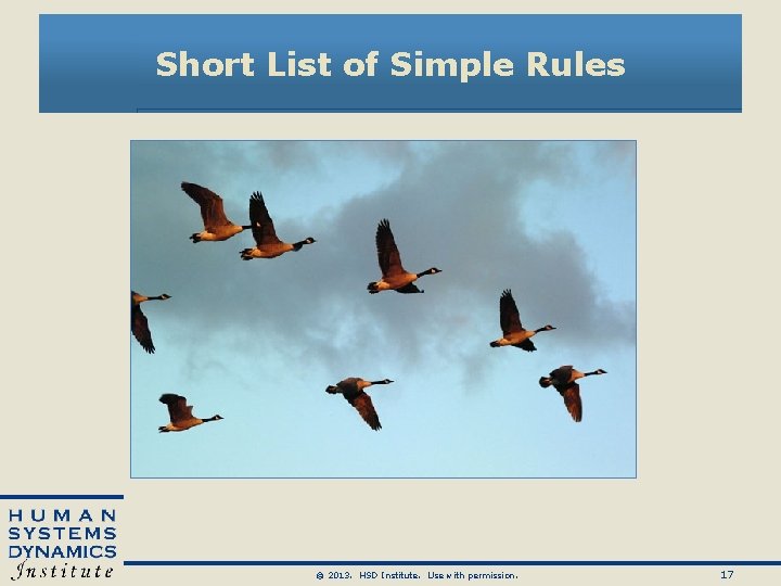 Short List of Simple Rules © 2013. HSD Institute. Use with permission. 17 Short List of Simple Rules © 2013. HSD Institute. Use with permission. 17