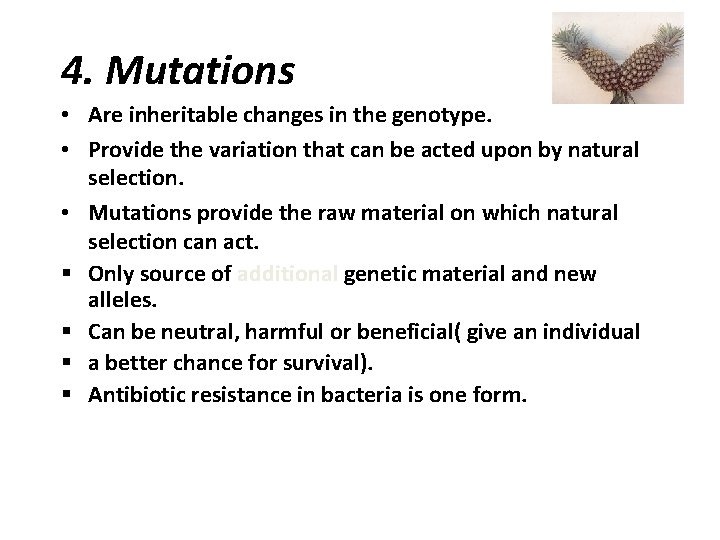 4. Mutations • Are inheritable changes in the genotype. • Provide the variation that