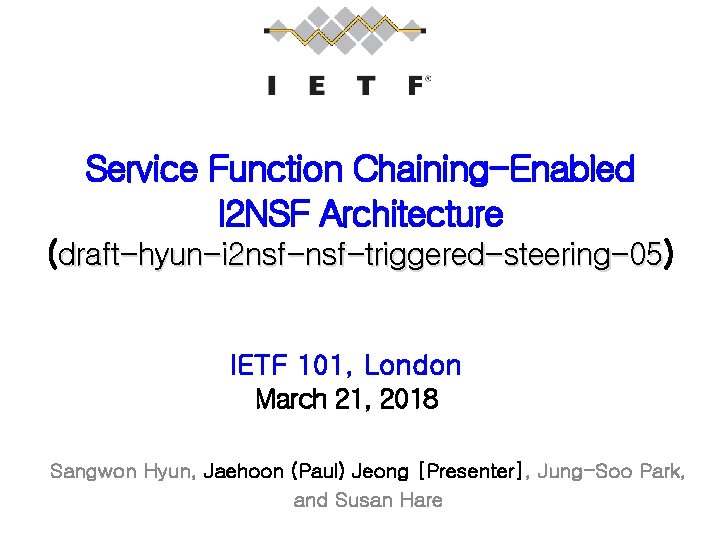 Service Function Chaining-Enabled I 2 NSF Architecture (draft-hyun-i 2 nsf-triggered-steering-05) draft-hyun-i 2 nsf-triggered-steering-05 IETF