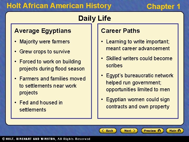 Holt African American History Chapter 1 Daily Life Average Egyptians Career Paths • Majority
