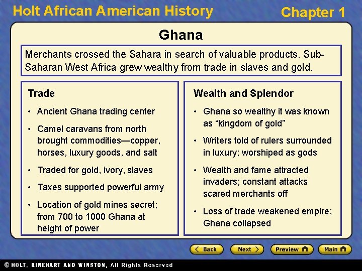 Holt African American History Chapter 1 Ghana Merchants crossed the Sahara in search of