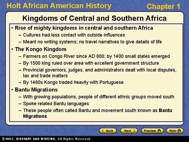 Holt African American History Chapter 1 Kingdoms of Central and Southern Africa • Rise