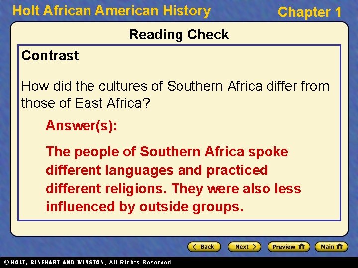 Holt African American History Chapter 1 Reading Check Contrast How did the cultures of