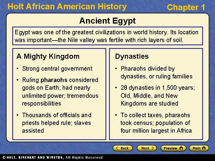 Holt African American History Chapter 1 Ancient Egypt was one of the greatest civilizations