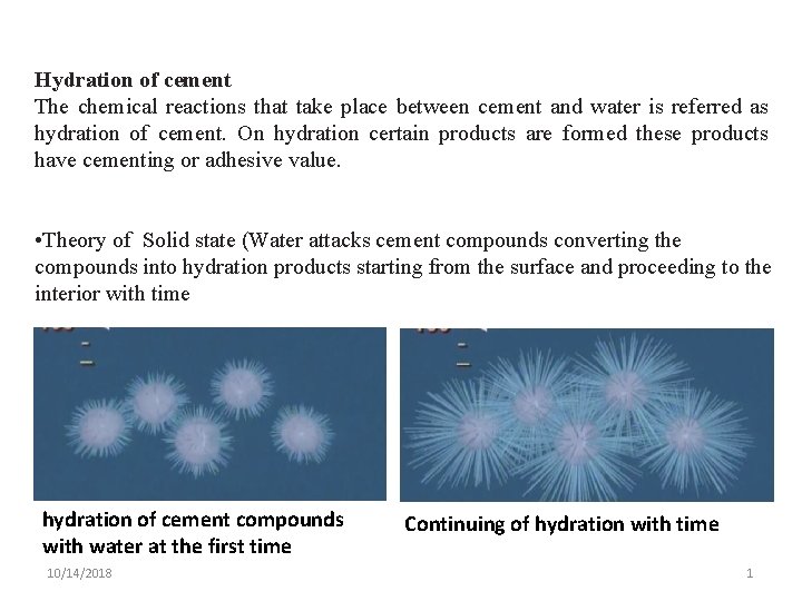 Hydration of cement The chemical reactions that take place between cement and water is