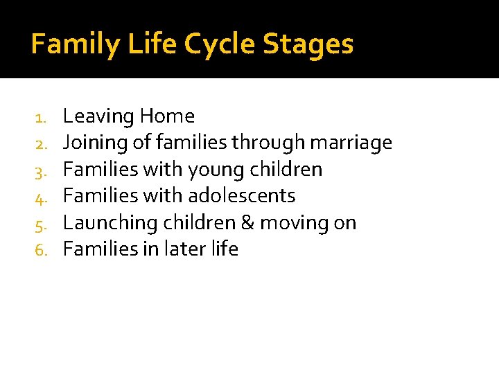 Family Life Cycle Stages 1. 2. 3. 4. 5. 6. Leaving Home Joining of Family Life Cycle Stages 1. 2. 3. 4. 5. 6. Leaving Home Joining of